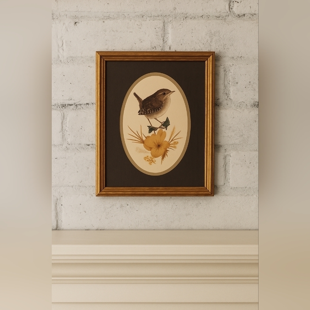 Vintage Sharon Jervis Wren Print with Pressed Flowers in Wooden Frame